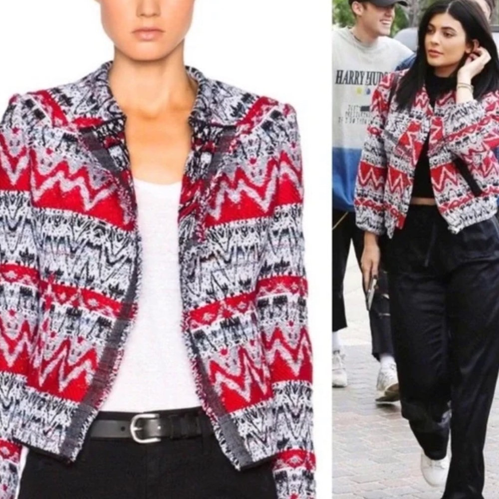 IRO Kroe Red and Black Aztec Tapestry Open Jacket
